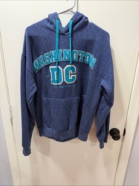 DC Navy Crewneck Hoodie with Teal Lettering and Drawstrings